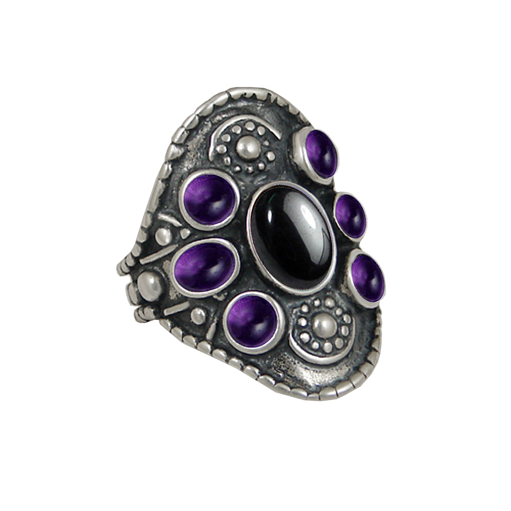 Sterling Silver High Queen's Ring With Hematite And Amethyst Size 10